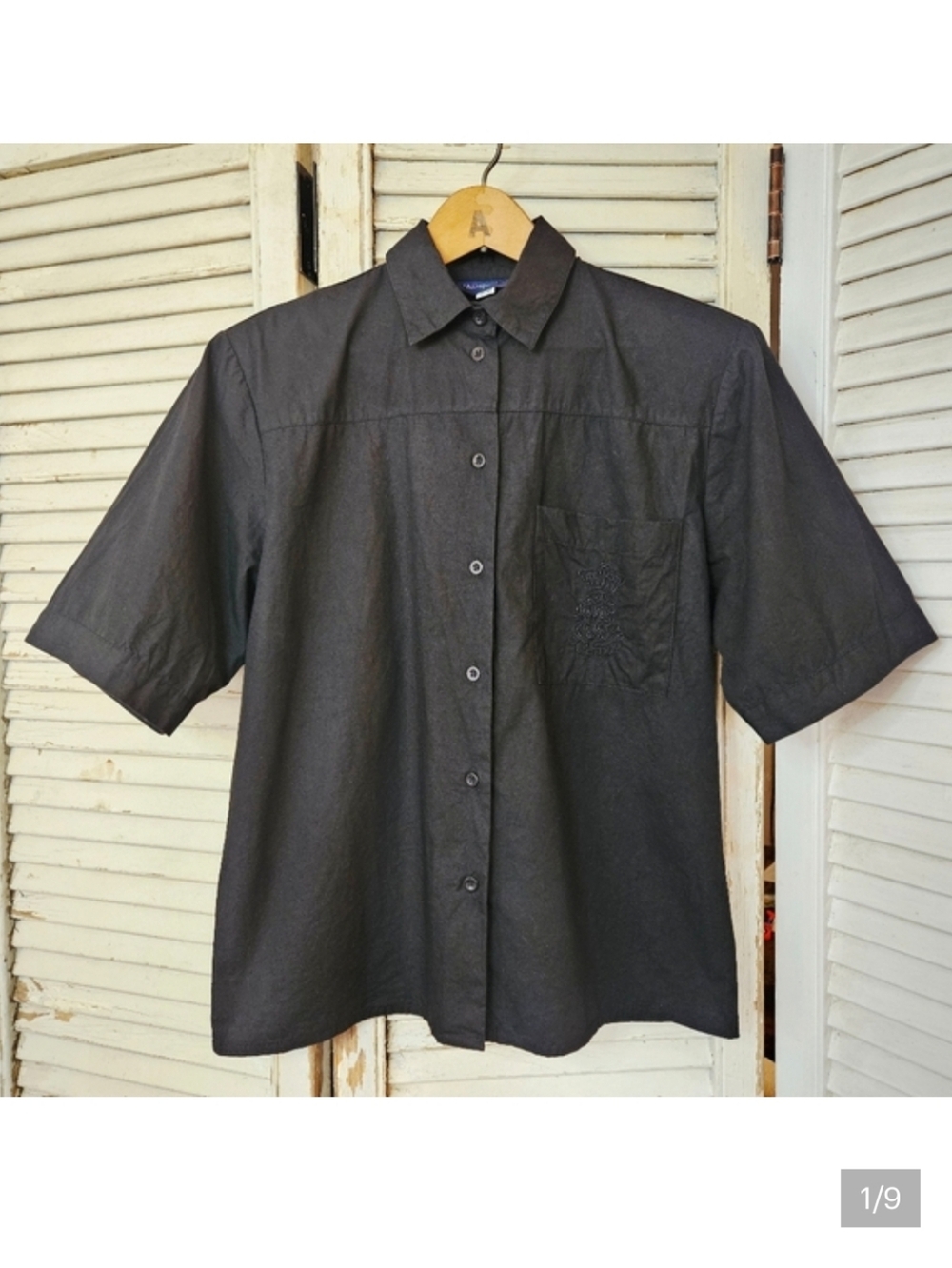 Vintage 90s Black 100% Cotton Short Sleeve Shirt With Embroidered Pocket Medium